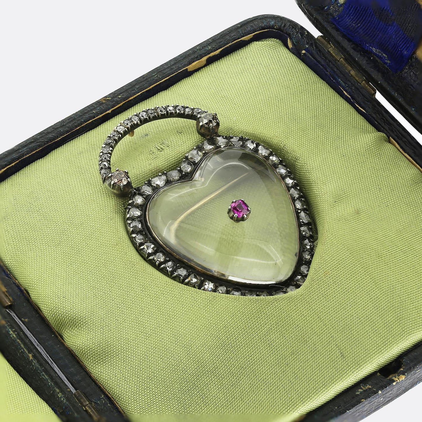 Georgian Ruby Diamond and Rock Crystal Heart Pendant Brooch