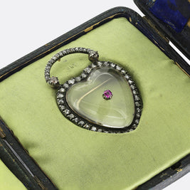 Georgian Ruby Diamond and Rock Crystal Heart Pendant Brooch