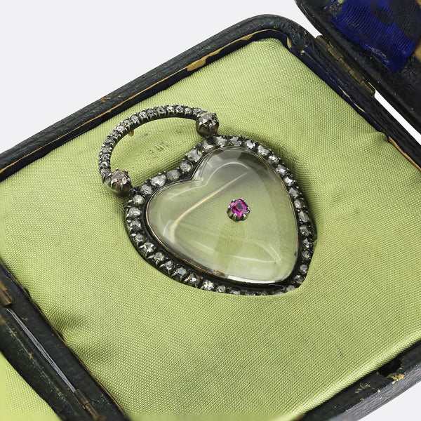 Georgian Ruby Diamond and Rock Crystal Heart Pendant Brooch