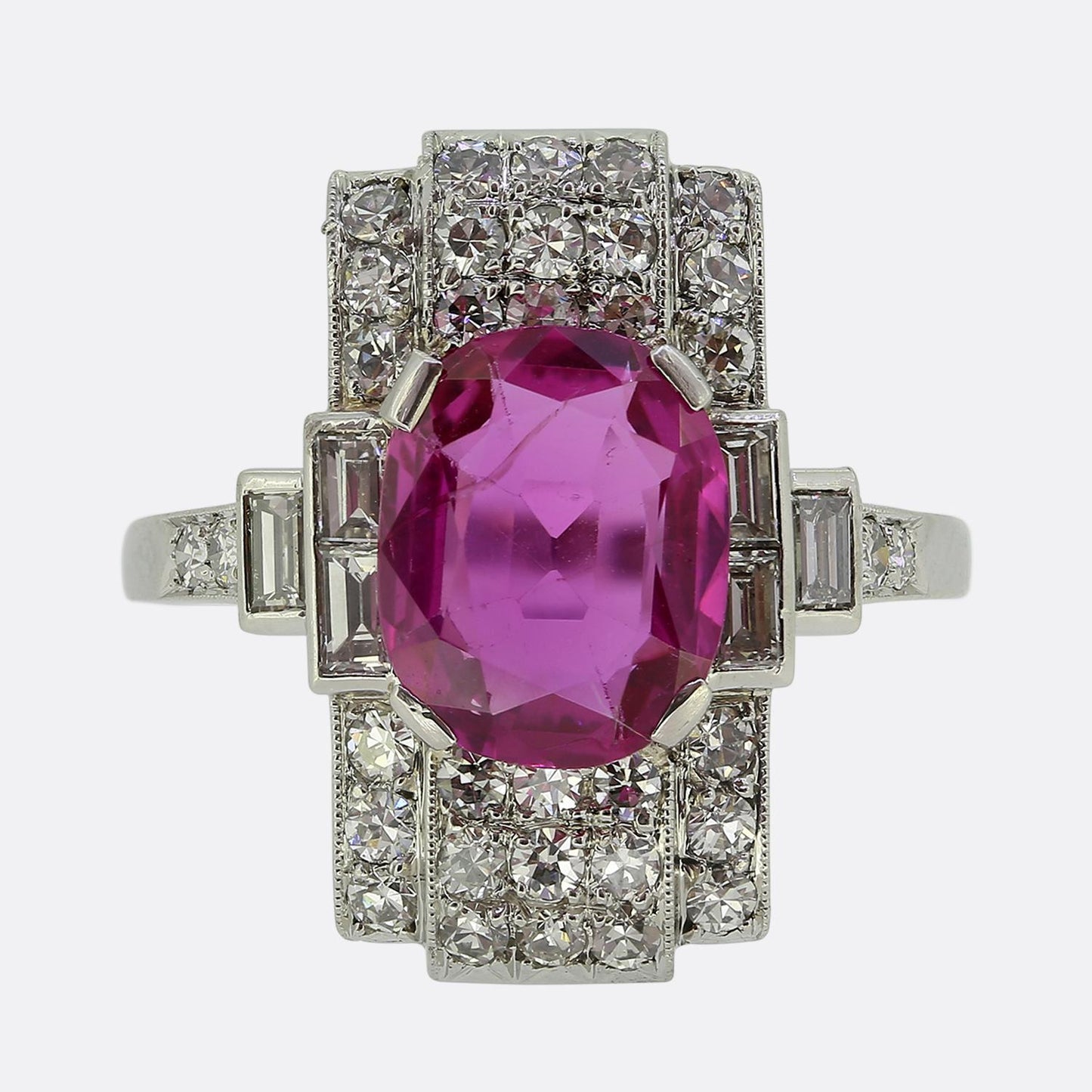 Art Deco 2.50 Carat Burmese Pink Sapphire and Diamond Ring