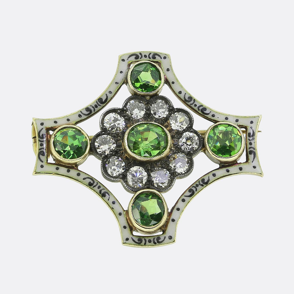 Victorian Demantoid Garnet Diamond and Enamel Brooch