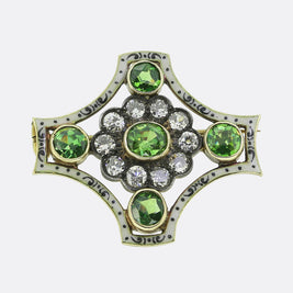 Victorian Demantoid Garnet Diamond and Enamel Brooch