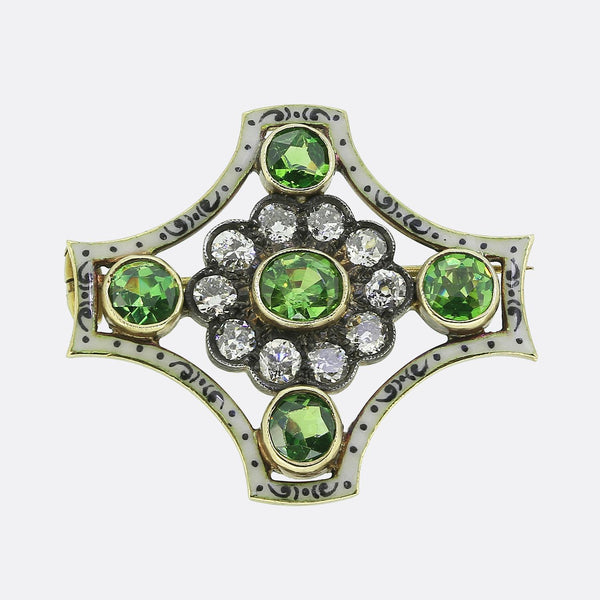 Victorian Demantoid Garnet Diamond and Enamel Brooch
