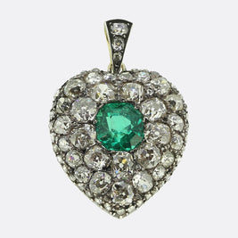 Antique 2.98 Carat Natural Colombian Emerald and Diamond Pendant Brooch