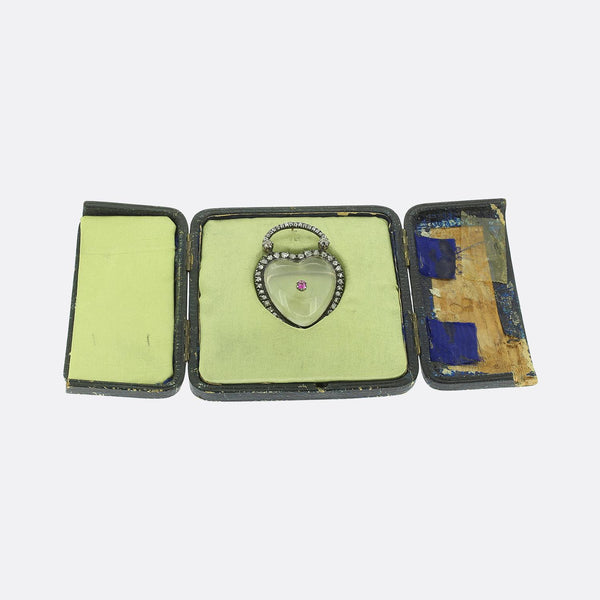 Georgian Ruby Diamond and Rock Crystal Heart Pendant Brooch