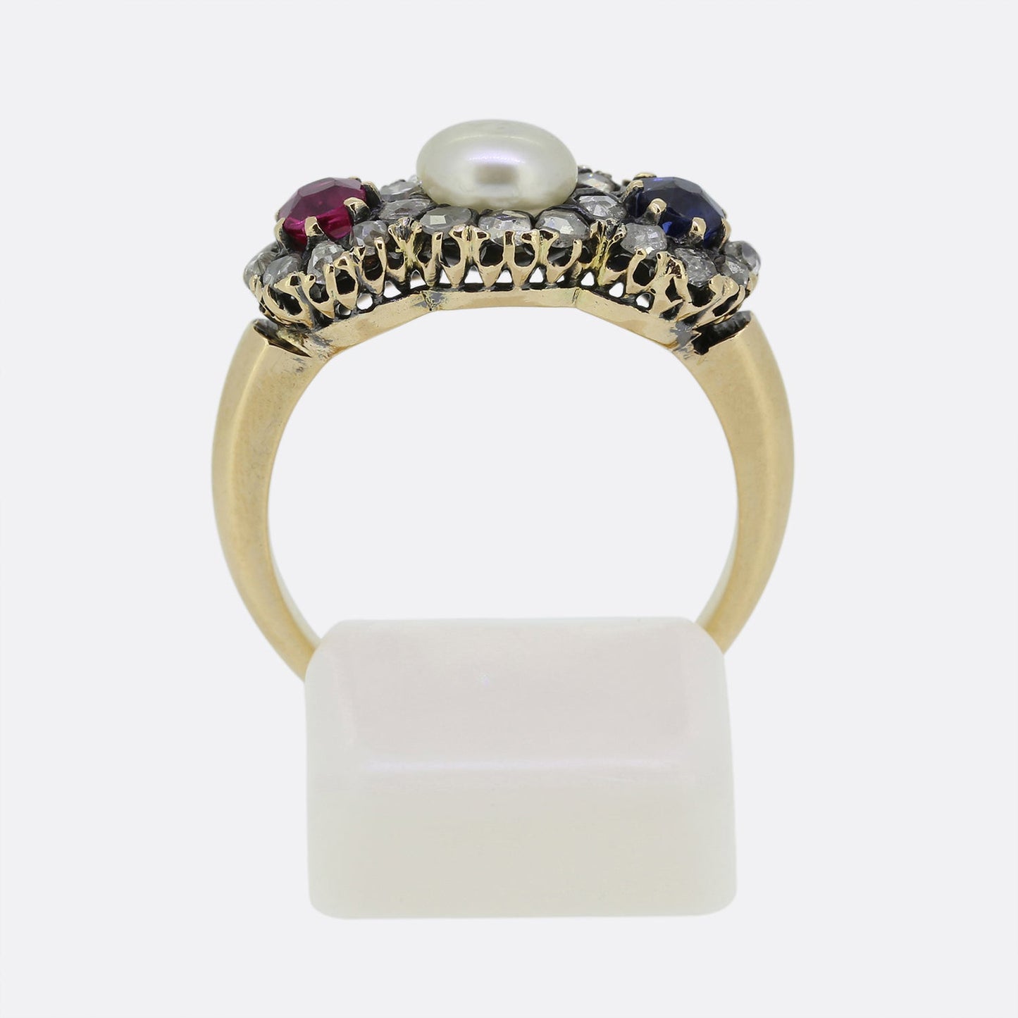 Victorian Ruby Pearl Sapphire and Diamond Triple Cluster Ring