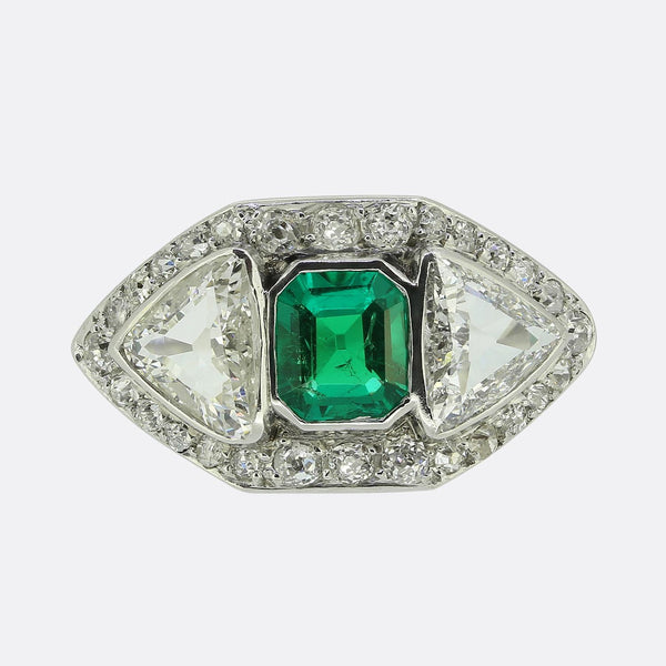 1940s Colombian Emerald and Diamond Three-Stone Ring