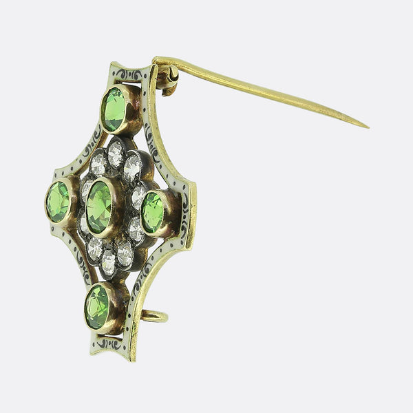 Victorian Demantoid Garnet Diamond and Enamel Brooch
