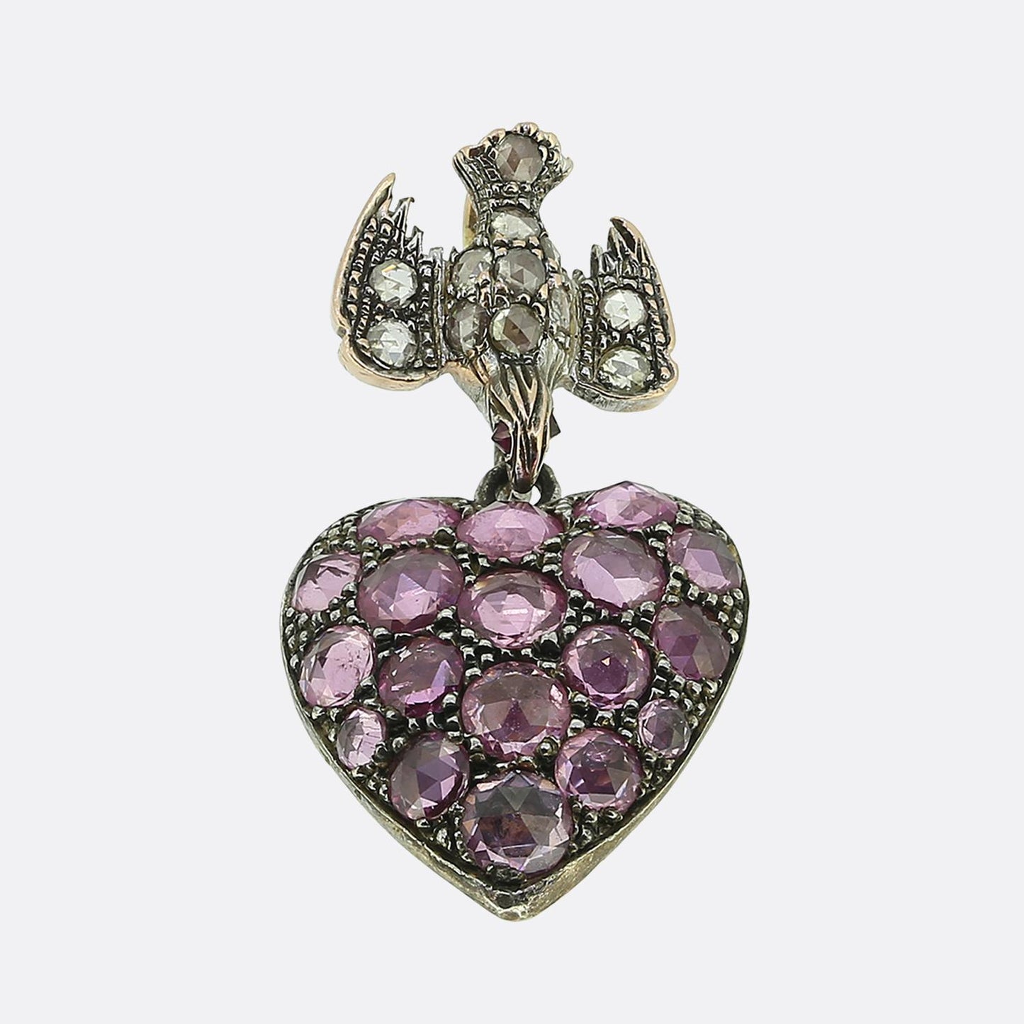 Antique Pink Sapphire Heart and Rose Cut Diamond Bird Drop Pendant