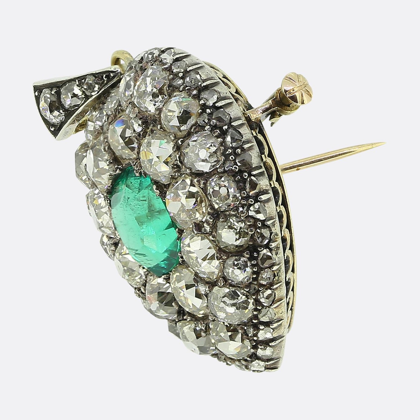 Antique 2.98 Carat Natural Colombian Emerald and Diamond Pendant Brooch