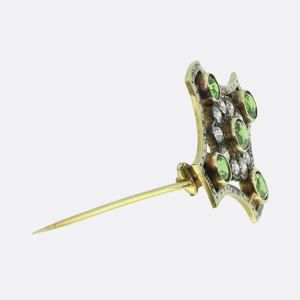 Victorian Demantoid Garnet Diamond and Enamel Brooch