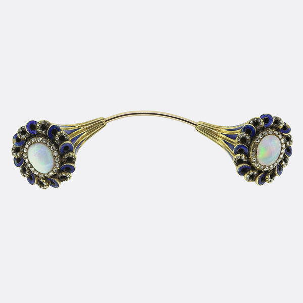 Victorian Opal Diamond and Enamel Jabot Pin