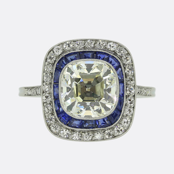 Art Deco 3.80 Carat Diamond and Sapphire Cluster Ring