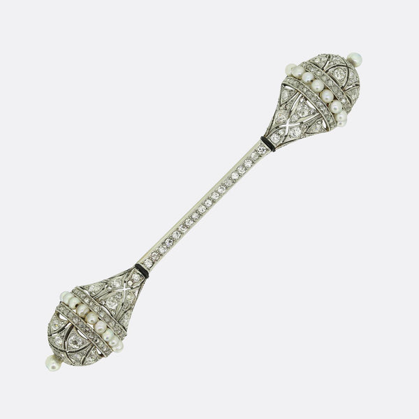 Art Deco Pearl Diamond and Enamel Brooch