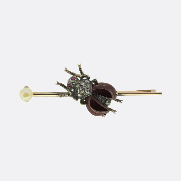 Antique Cabochon Ruby Pearl and Diamond Fly Brooch