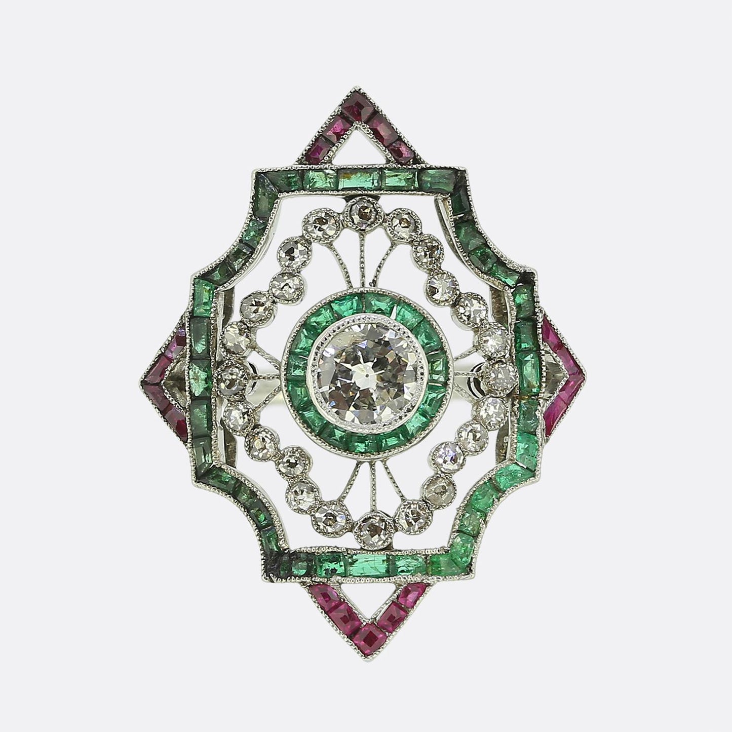 Art Deco Diamond Ruby and Emerald Dress Ring