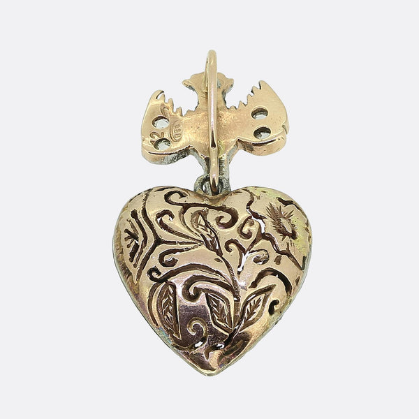 Antique Pink Sapphire Heart and Rose Cut Diamond Bird Drop Pendant