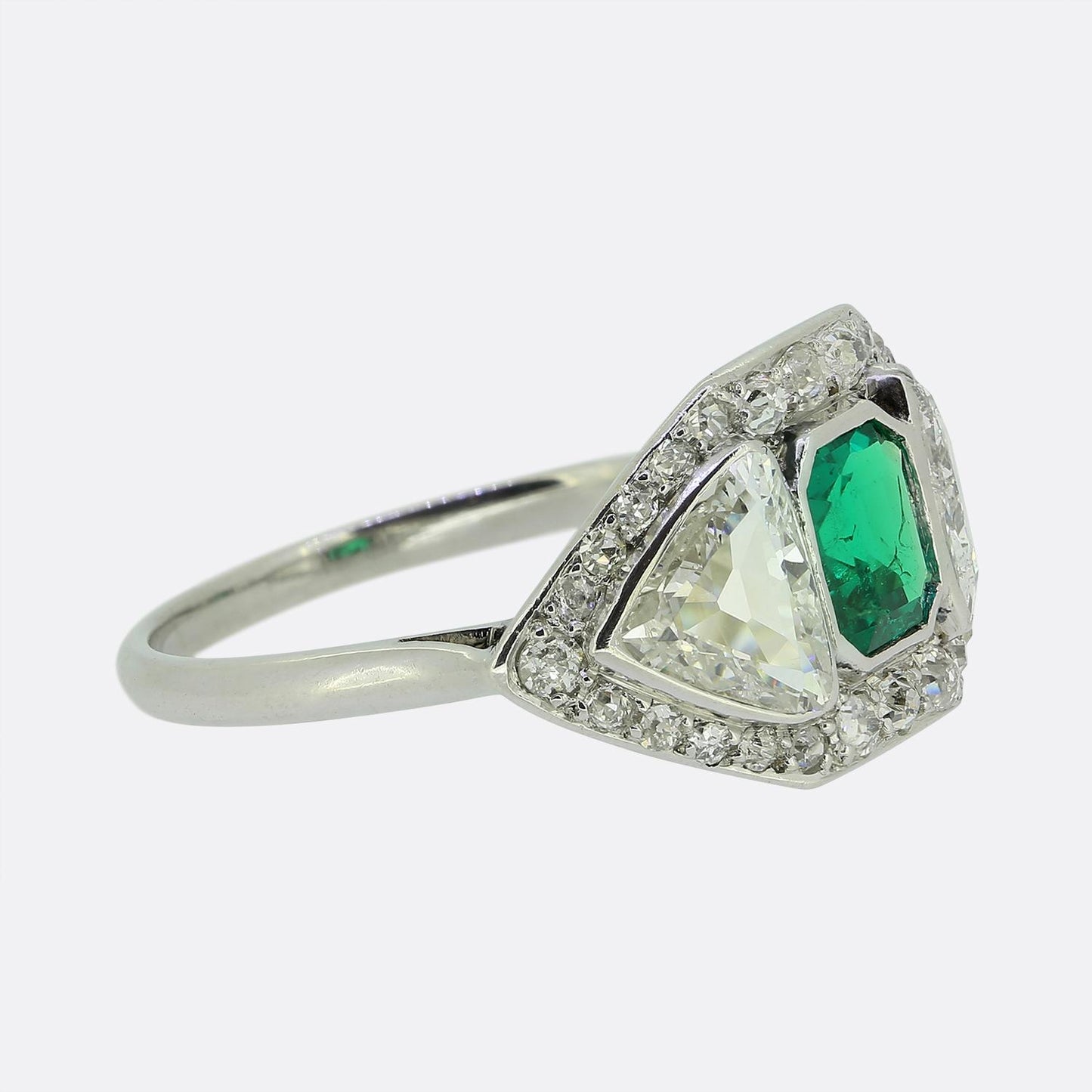 1940s Colombian Emerald and Diamond Three-Stone Ring