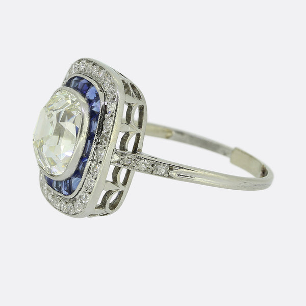 Art Deco 3.80 Carat Diamond and Sapphire Cluster Ring