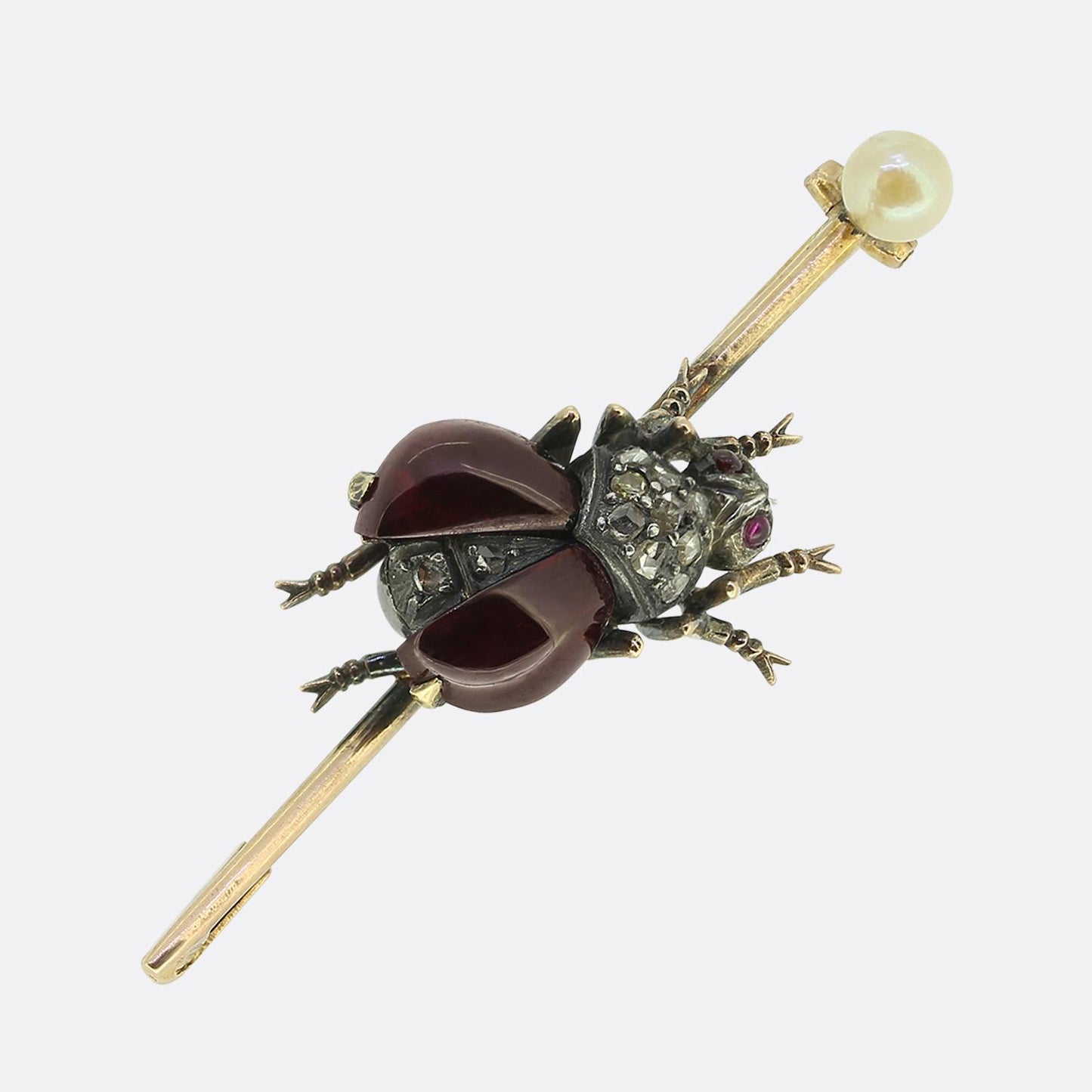 Antique Cabochon Ruby Pearl and Diamond Fly Brooch