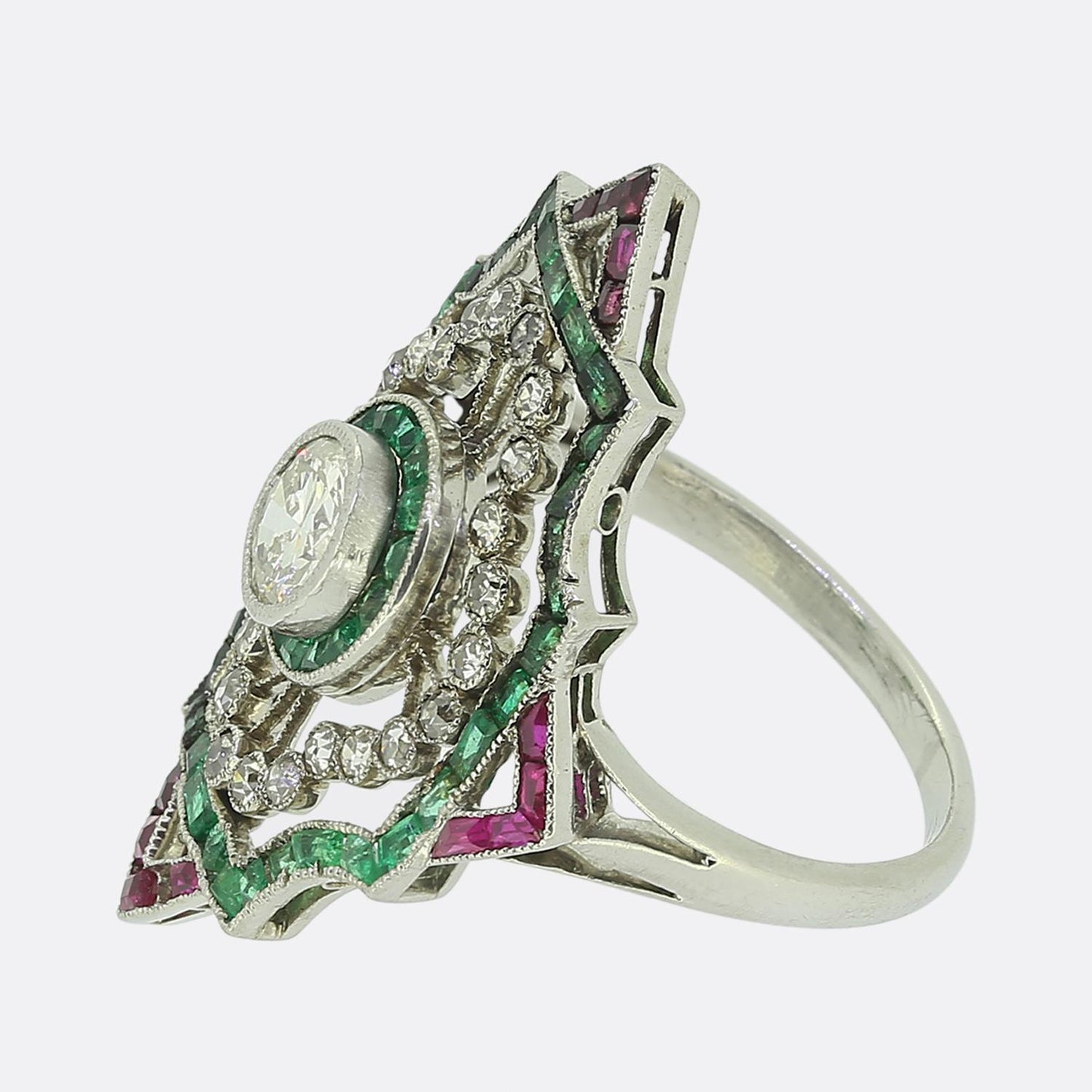 Art Deco Diamond Ruby and Emerald Dress Ring