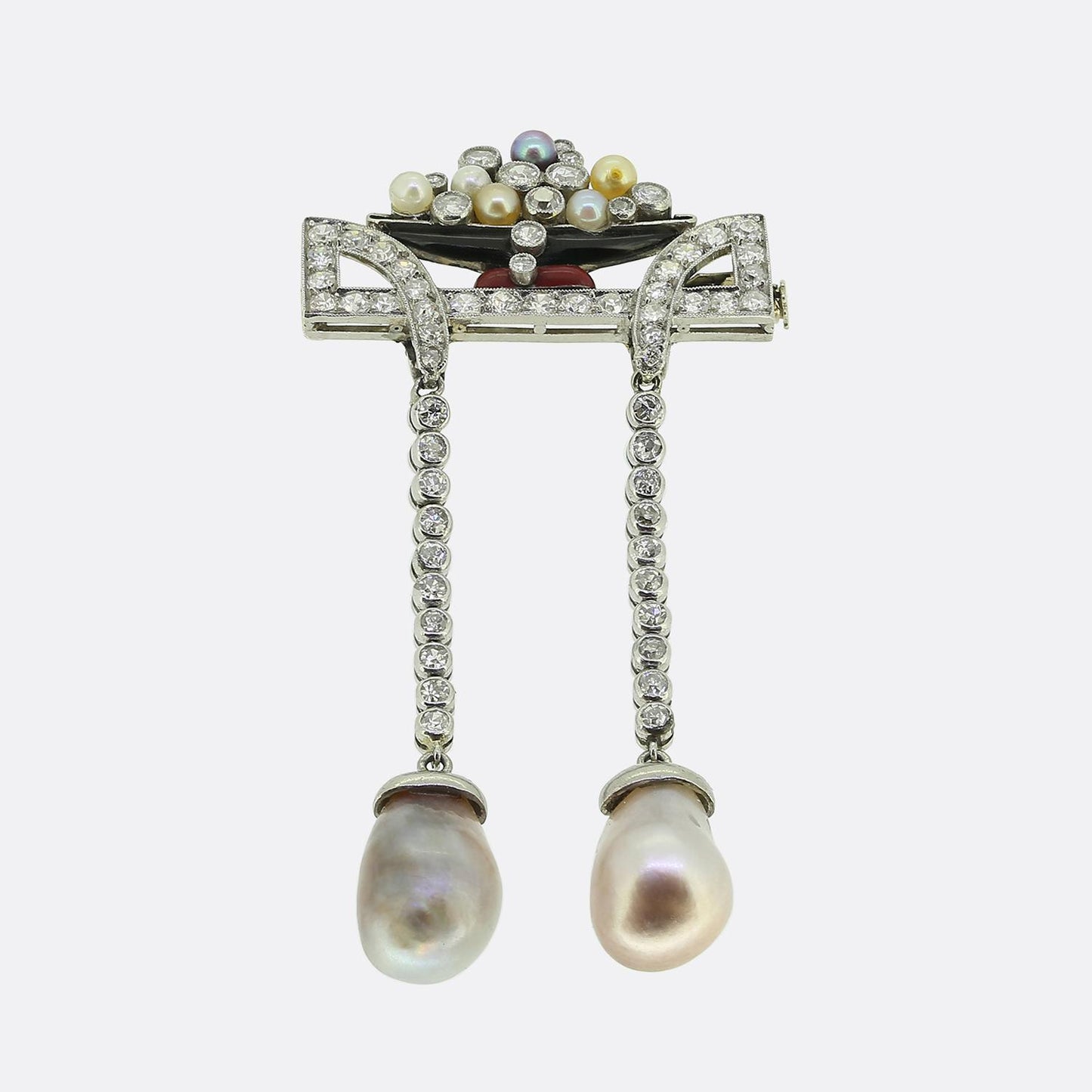 Art  Deco Natural Pearl Diamond and Enamel Drop Brooch