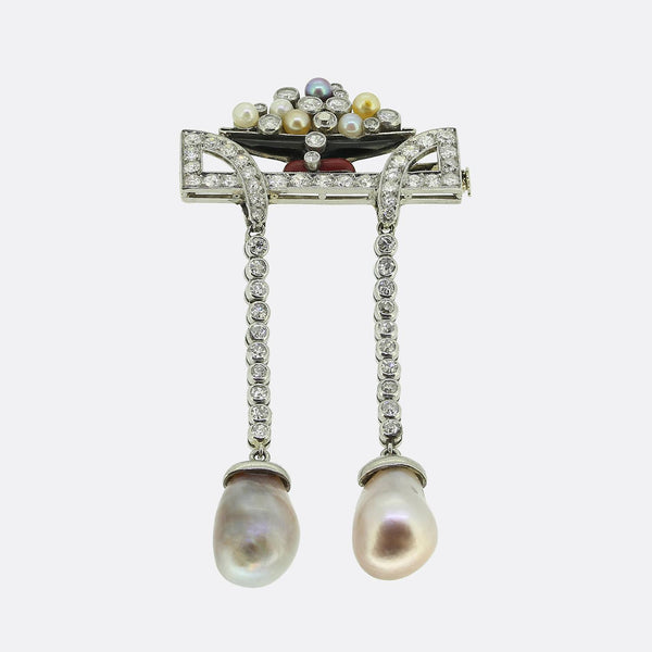 Art  Deco Natural Pearl Diamond and Enamel Drop Brooch