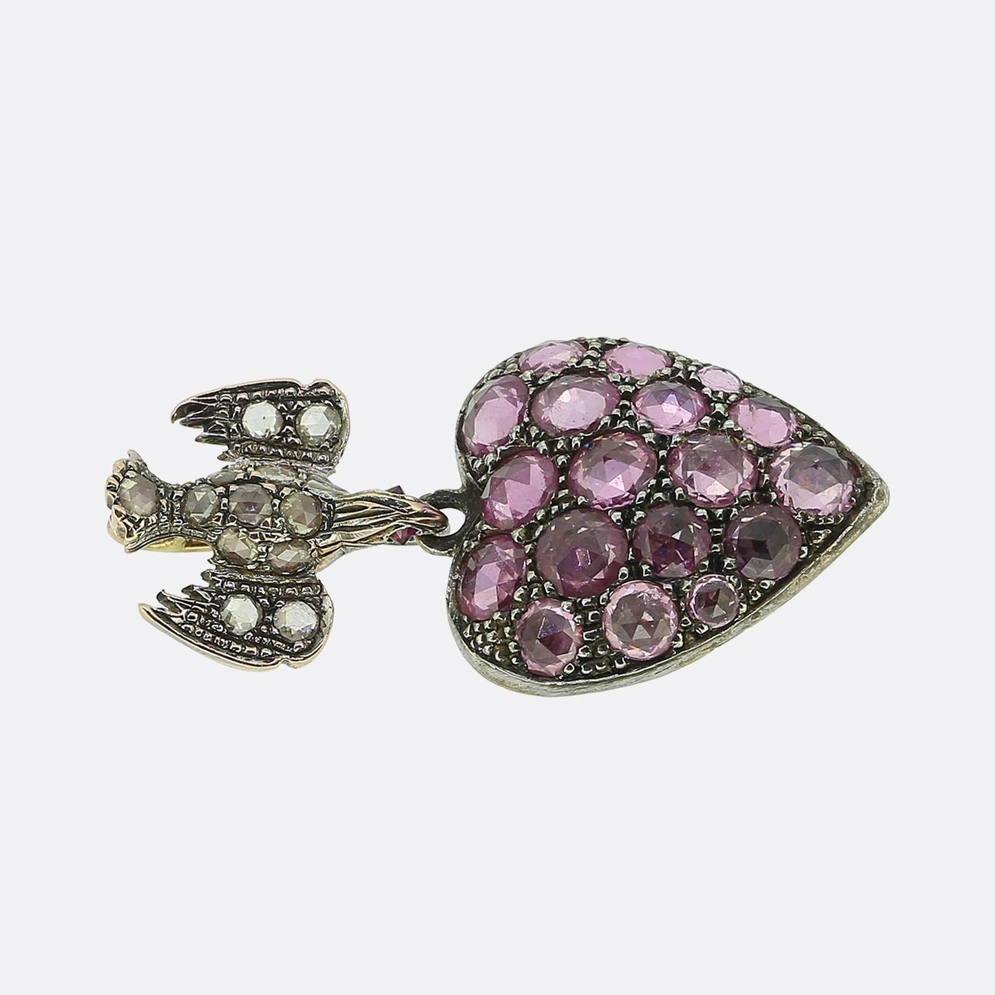 Antique Pink Sapphire Heart and Rose Cut Diamond Bird Drop Pendant