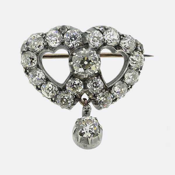 Victorian Old Cut Diamond Double Heart Drop Brooch