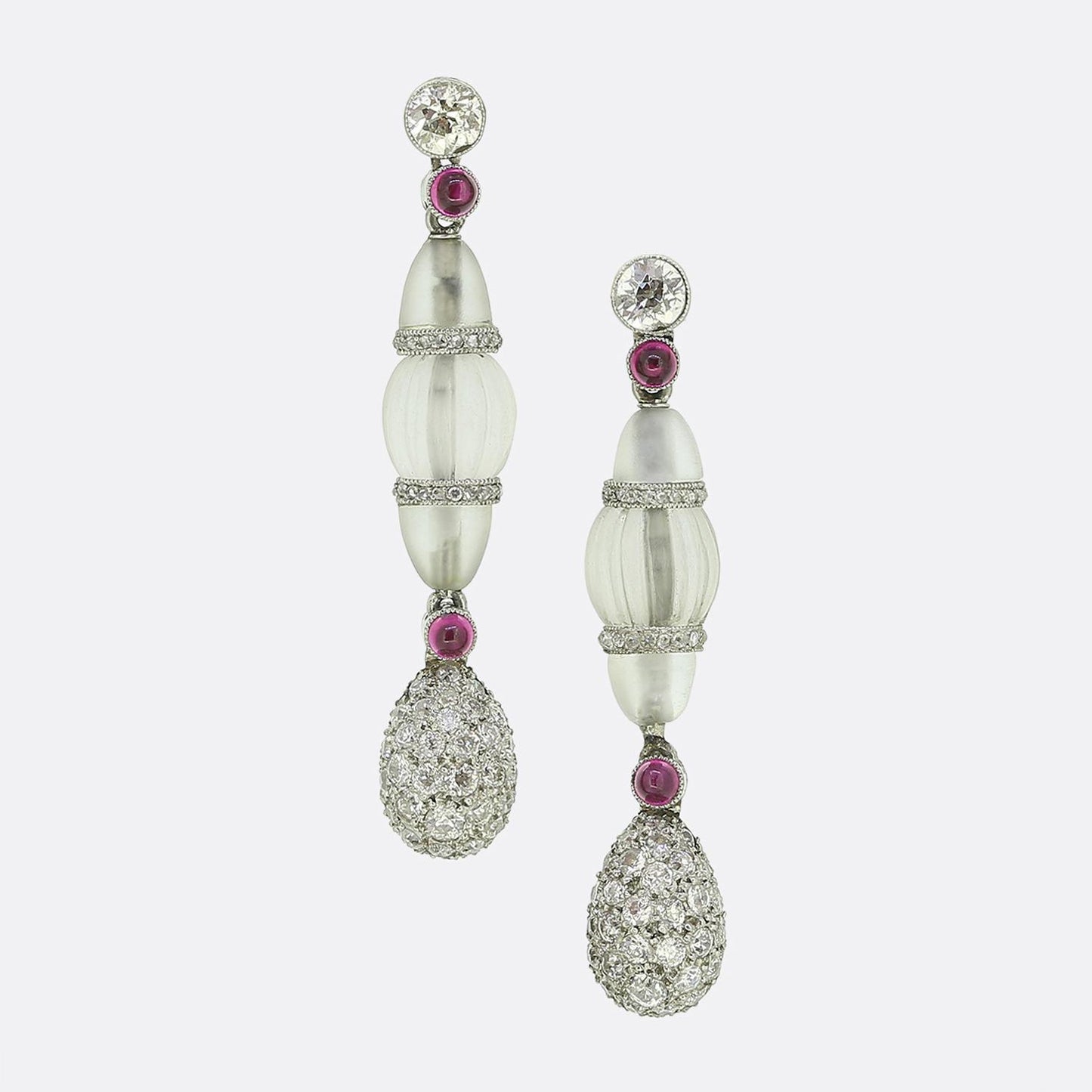 Art Deco Rock Crystal Ruby and Diamond Drop Earrings