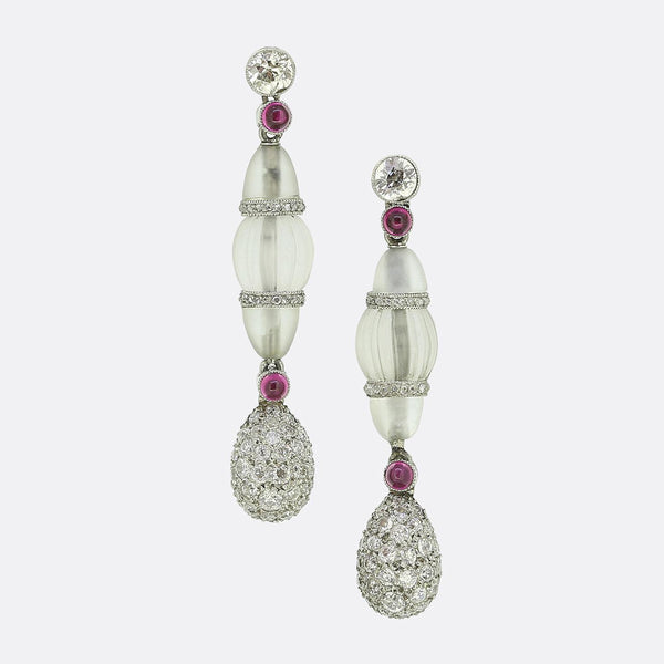 Art Deco Rock Crystal Ruby and Diamond Drop Earrings