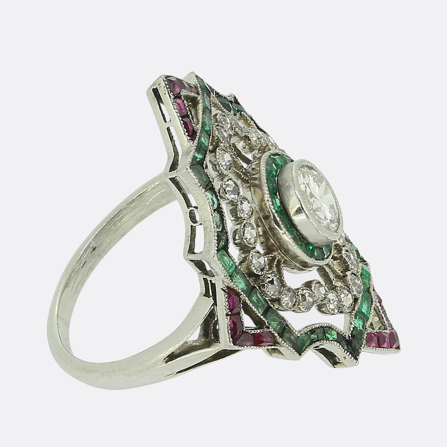Art Deco Diamond Ruby and Emerald Dress Ring
