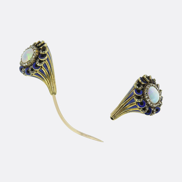 Victorian Opal Diamond and Enamel Jabot Pin