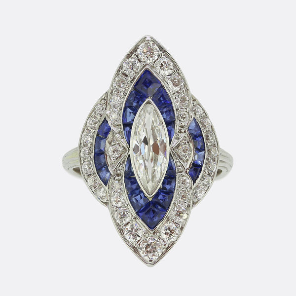 Art Deco Sapphire and Diamond Navette Ring