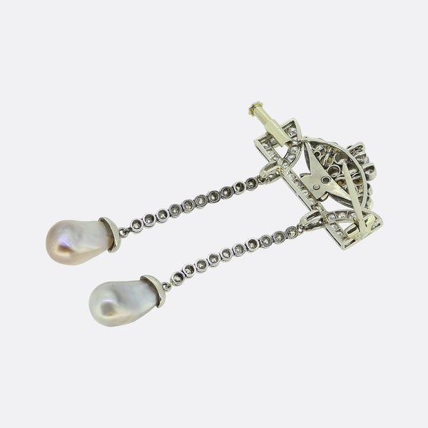 Art  Deco Natural Pearl Diamond and Enamel Drop Brooch