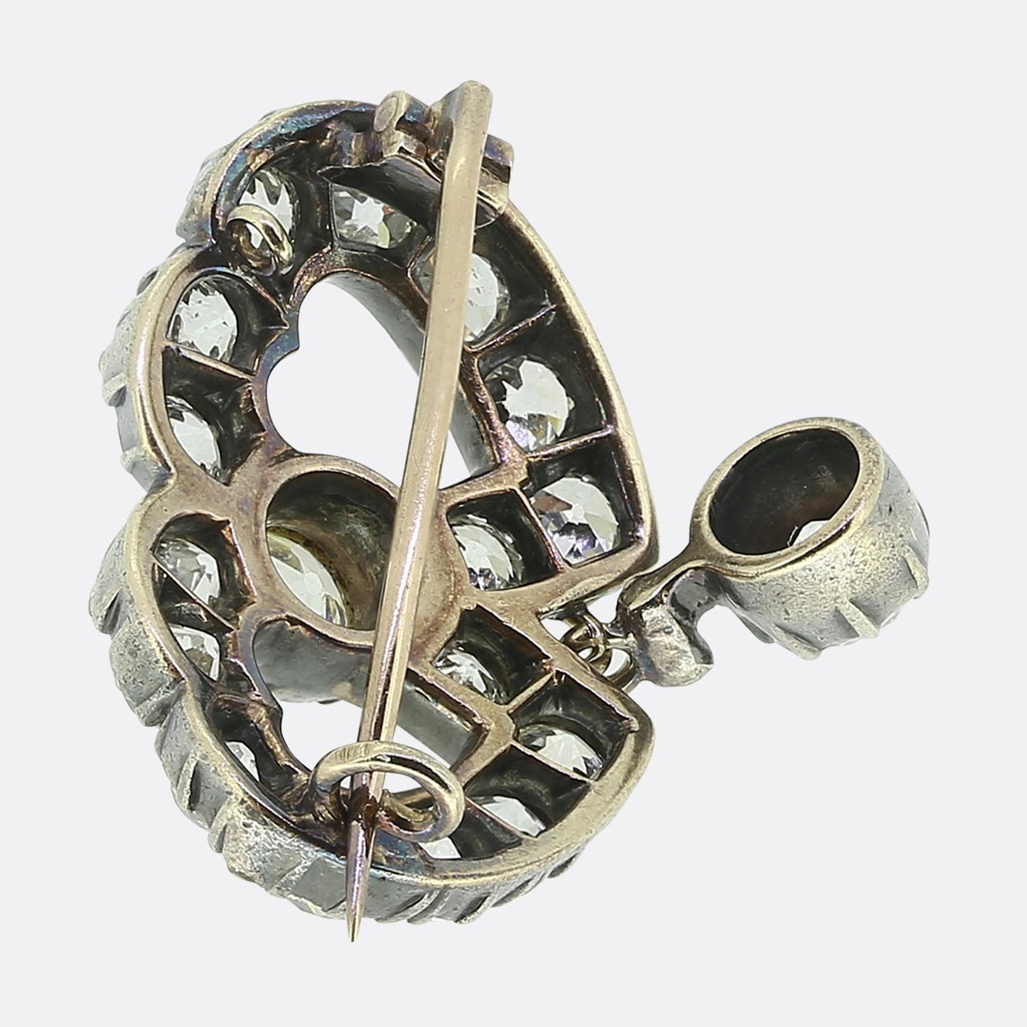 Victorian Old Cut Diamond Double Heart Drop Brooch