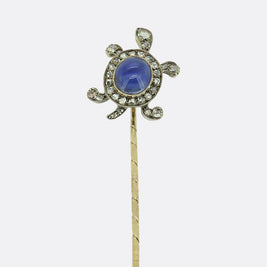 Edwardian Cabochon Sapphire and Diamond Tortoise Stick Pin