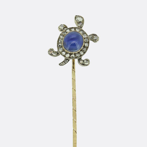 Edwardian Cabochon Sapphire and Diamond Tortoise Stick Pin