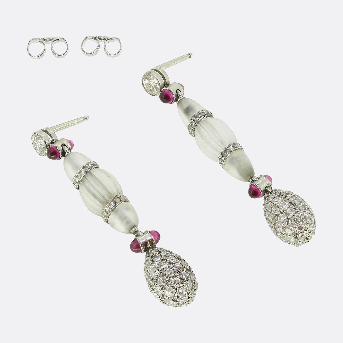 Art Deco Rock Crystal Ruby and Diamond Drop Earrings