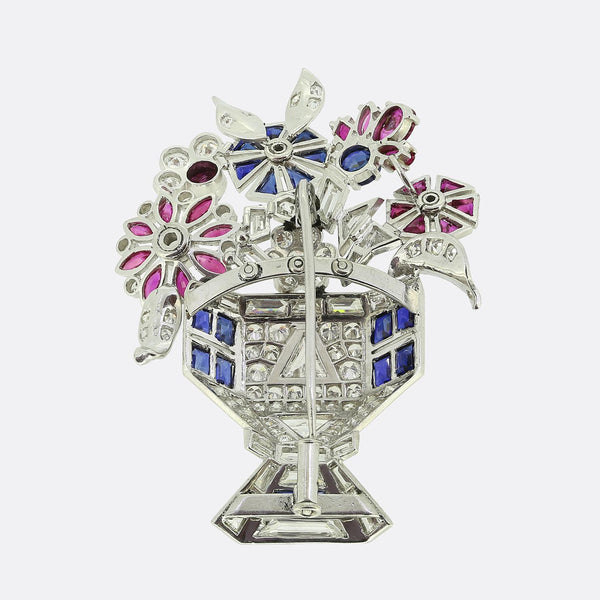 Art Deco Diamond Sapphire and Ruby Basket Brooch