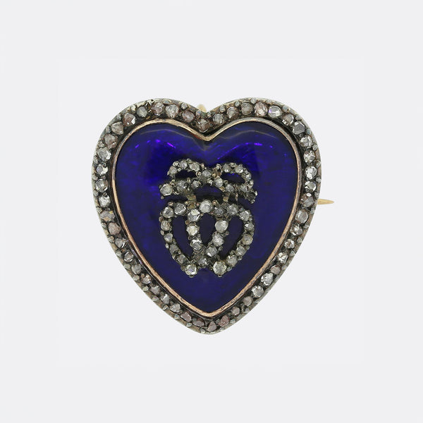 Victorian Rose Cut Diamond and Enamel Heart Brooch Pendant