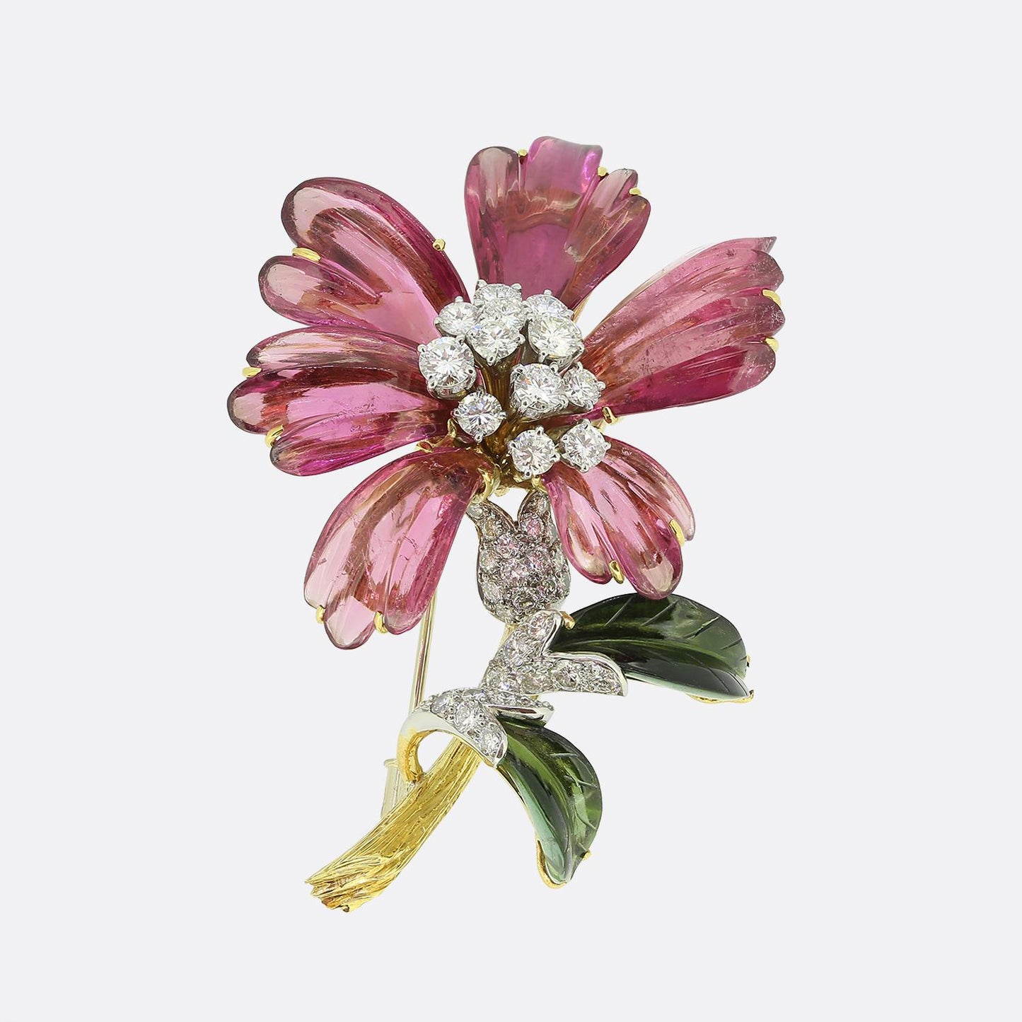 Vintage Tourmaline Emerald and Diamond Flower Brooch