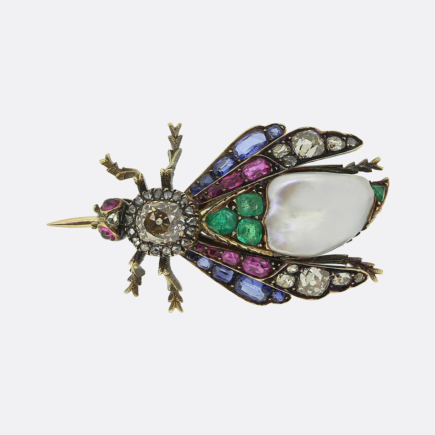 Victorian Natural Pearl Diamond Emerald Sapphire and Ruby Bug Brooch
