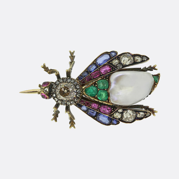 Victorian Natural Pearl Diamond Emerald Sapphire and Ruby Bug Brooch
