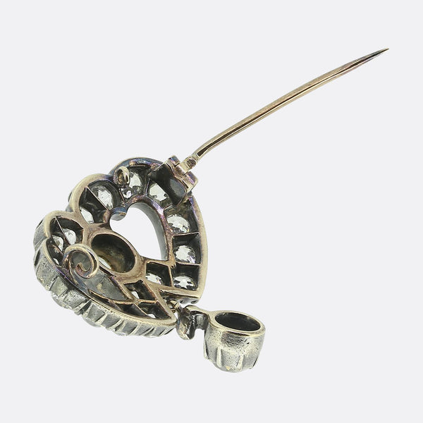 Victorian Old Cut Diamond Double Heart Drop Brooch