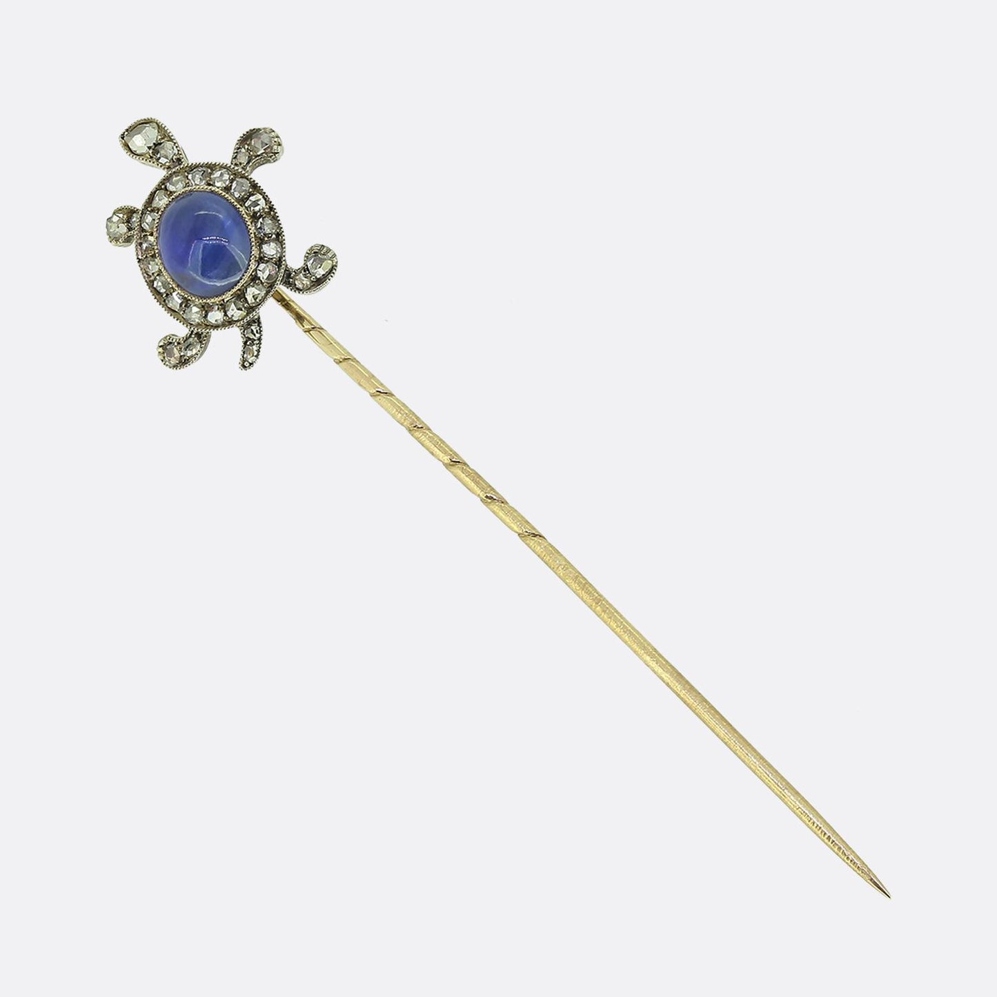 Edwardian Cabochon Sapphire and Diamond Tortoise Stick Pin