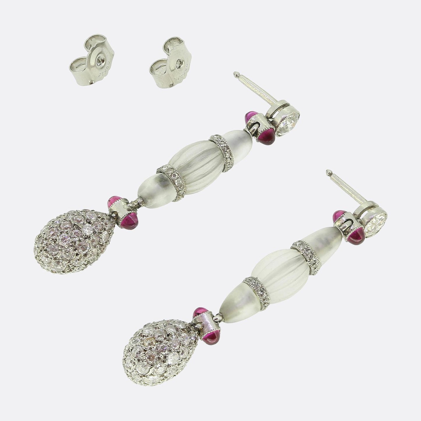 Art Deco Rock Crystal Ruby and Diamond Drop Earrings