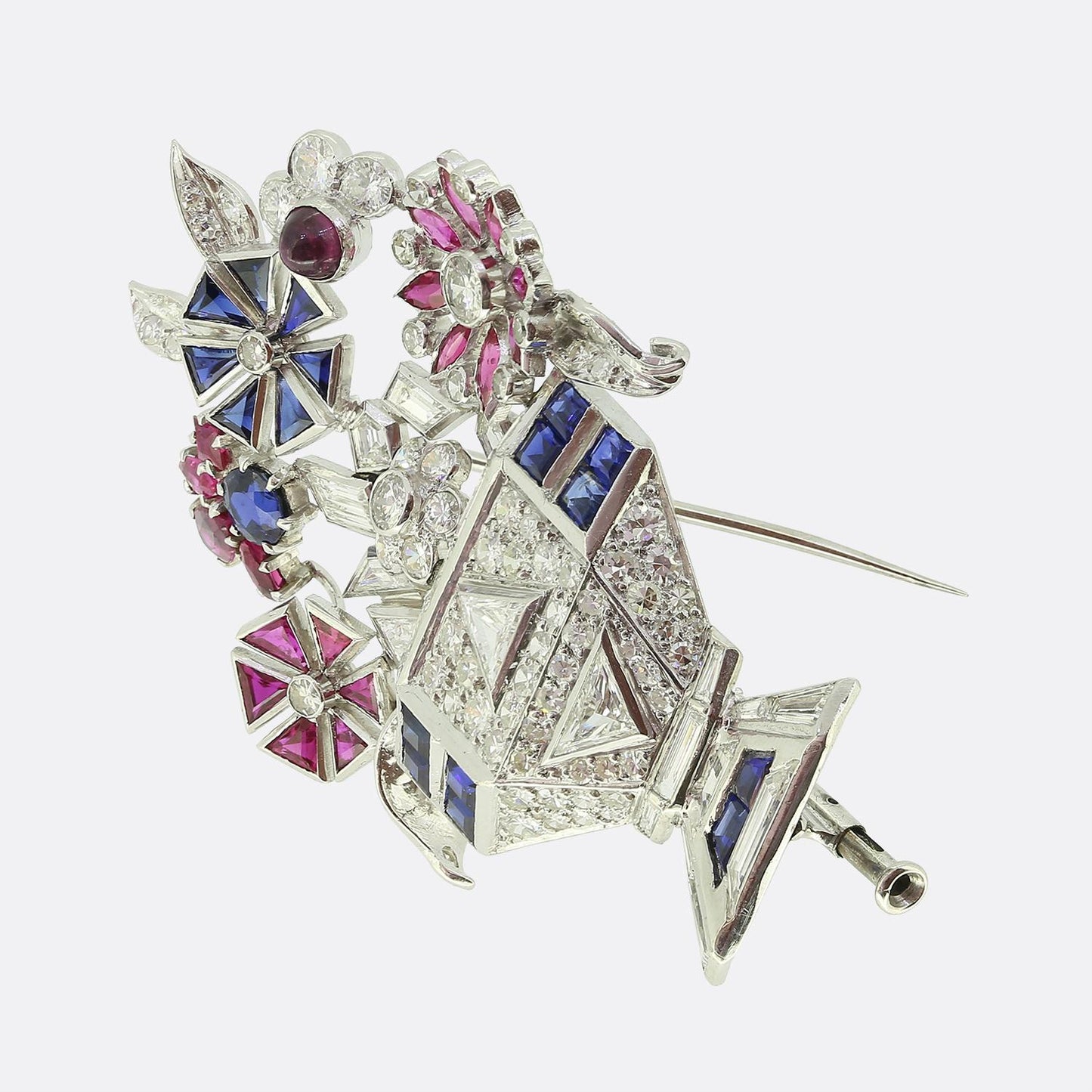 Art Deco Diamond Sapphire and Ruby Basket Brooch