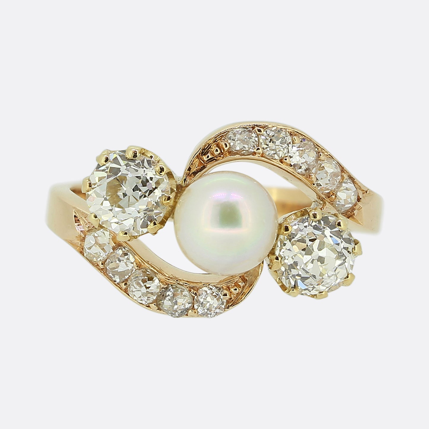 Antique Three-Stone Pearl and Diamond Crossover Ring