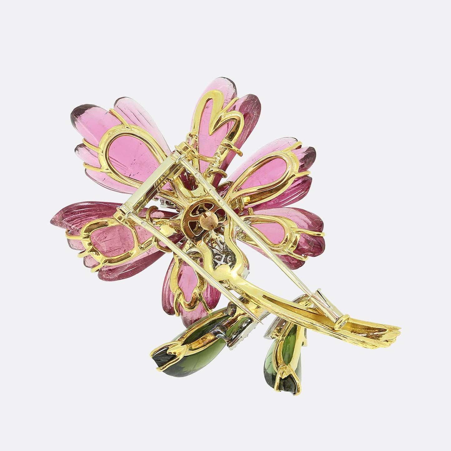 Vintage Tourmaline Emerald and Diamond Flower Brooch